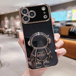 Coque de téléphone plaquée avec support Astronaute, Pour iPhone 17e / 16e, Pour iPhone 17 Pro Max, Pour iPhone 17 Pro, Pour iPhone 17, Pour iPhone Air, Pour iPhone 16 Pro Max, Pour iPhone 16 Pro, Pour iPhone 16 Plus