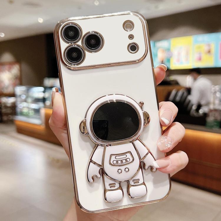 Coque de téléphone plaquée avec support Astronaute, Pour iPhone 17e / 16e, Pour iPhone 17 Pro Max, Pour iPhone 17 Pro, Pour iPhone 17, Pour iPhone Air, Pour iPhone 16 Pro Max, Pour iPhone 16 Pro, Pour iPhone 16 Plus