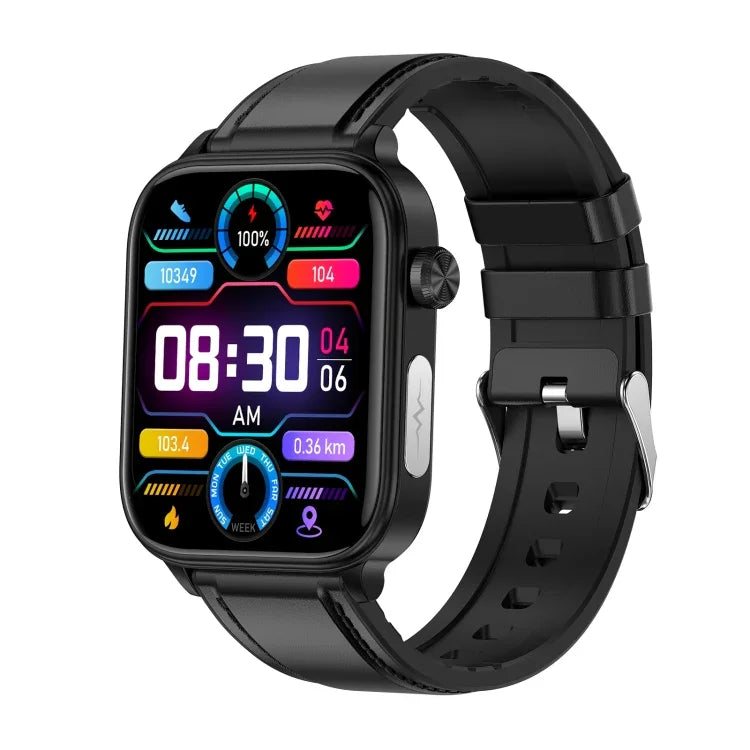 Montre connectée ET570 avec écran couleur de 1,96 pouce, bracelet en cuir, compatible avec les appels Bluetooth et l'ECG