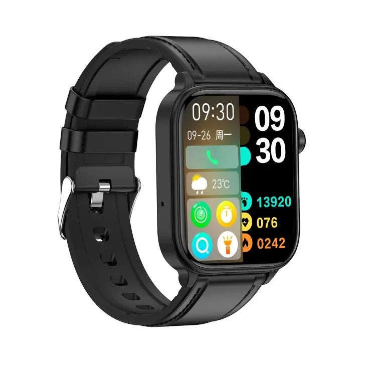 Montre connectée ET570 avec écran couleur de 1,96 pouce, bracelet en cuir, compatible avec les appels Bluetooth et l'ECG