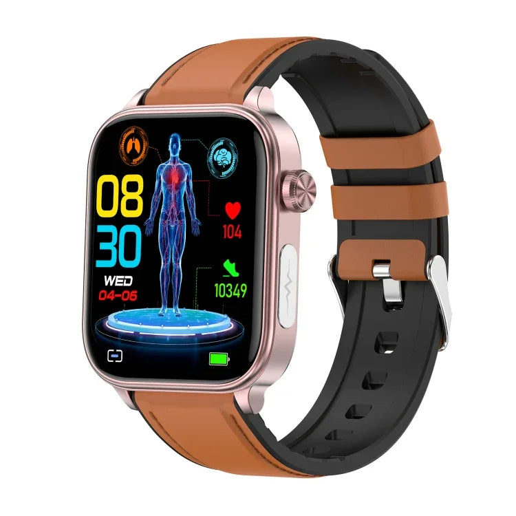 Montre connectée ET570 avec écran couleur de 1,96 pouce, bracelet en cuir, compatible avec les appels Bluetooth et l'ECG