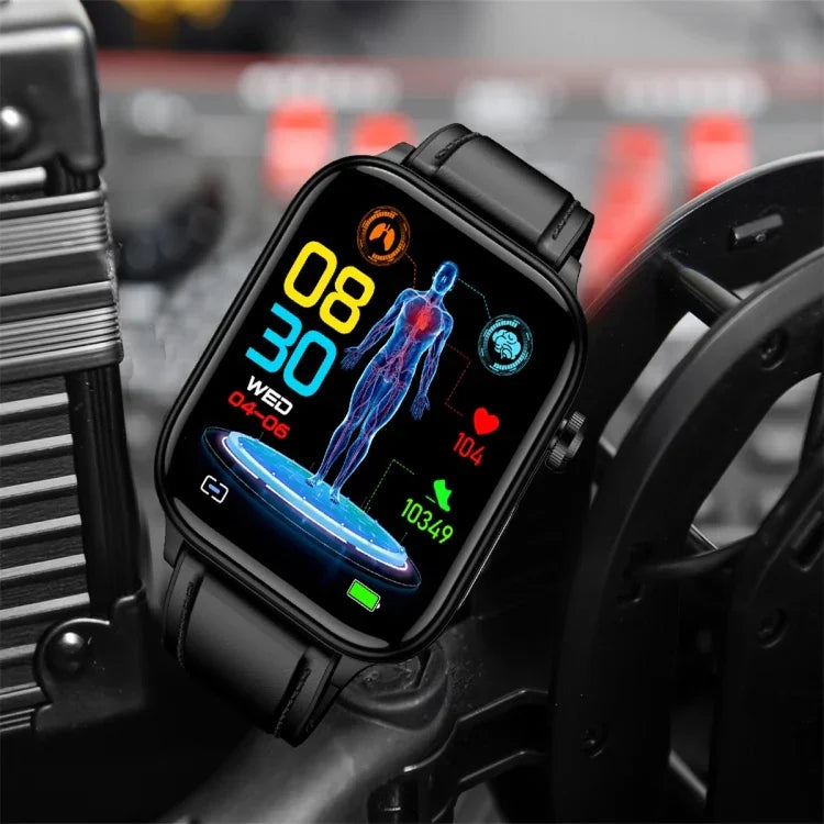Montre connectée ET570 avec écran couleur de 1,96 pouce, bracelet en cuir, compatible avec les appels Bluetooth et l'ECG