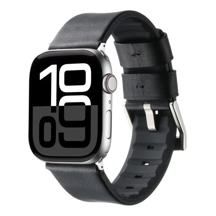 Genuine Leather Hybrid Silicone Watch Band, For Apple Watch Series 10 46mm, For Apple Watch Series 10 42mm, For Apple Watch SE 2023 44mm, For Apple Watch SE 2023 40mm, For Apple Watch Ultra 2 49mm, For Apple Watch Series 9 45mm                         ...