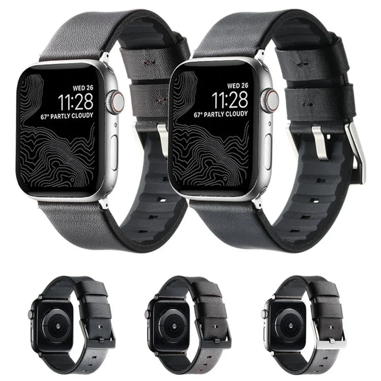 Genuine Leather Hybrid Silicone Watch Band, For Apple Watch Series 7 41mm, For Apple Watch Series 7 45mm, For Apple Watch SE 40mm, For Apple Watch SE 44mm, For Apple Watch Series 6 40mm, For Apple Watch Series 6 44mm, For Apple Watch Series 5 44mm     ...
