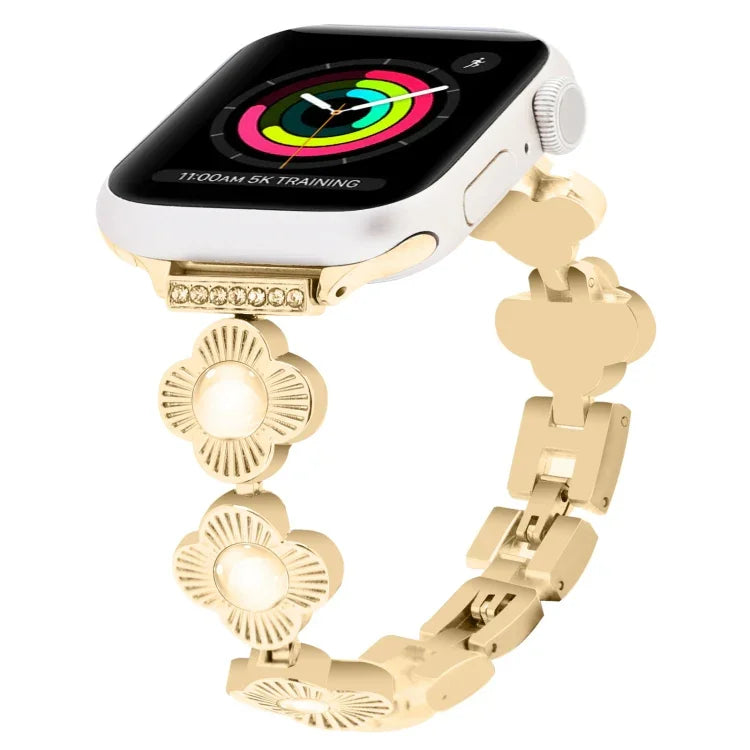 Bracelet de montre à maillons métalliques à dégagement rapide avec motif trèfle à quatre feuilles, pour Apple Watch Series 3 38 mm et Apple Watch Series 3 42 mm.