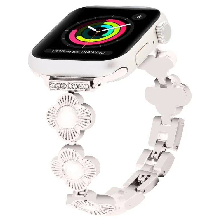 Bracelet de montre à maillons métalliques à dégagement rapide avec motif trèfle à quatre feuilles, pour Apple Watch Series 3 38 mm et Apple Watch Series 3 42 mm.