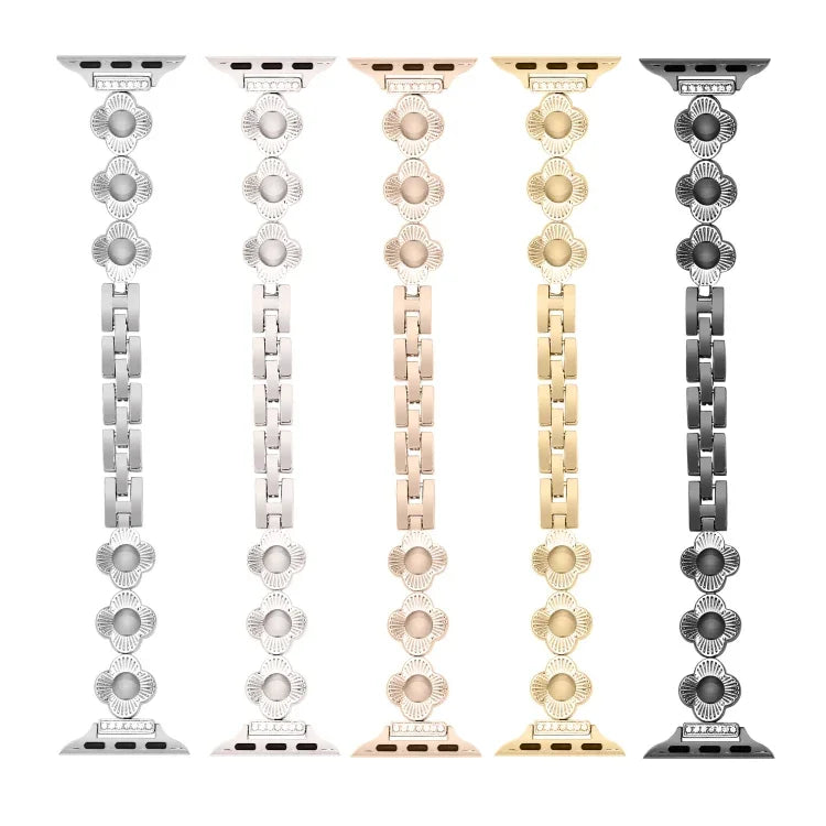 Bracelet de montre à maillons métalliques à dégagement rapide avec motif trèfle à quatre feuilles, pour Apple Watch Series 3 38 mm et Apple Watch Series 3 42 mm.