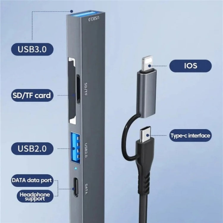 Hub convertisseur d'extension ADS-805 8 broches + Type-C vers USB-C + USB 2.0 / 3.0 + lecteur de carte SD / TF, ADS-805