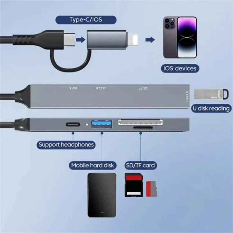 Hub convertisseur d'extension ADS-805 8 broches + Type-C vers USB-C + USB 2.0 / 3.0 + lecteur de carte SD / TF, ADS-805