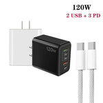 120W PD3.0 3 Type-C 2 USB Multi Port Quick Charger with Type-C to Type-C Cable, US Plug, US Plug + C to C Cable