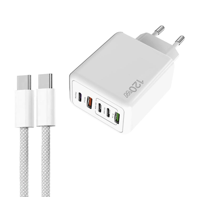 Chargeur rapide multi-port 120W PD3.0 3 Type-C 2 USB avec câble Type-C vers Type-C, prise EU, prise EU + câble C vers C