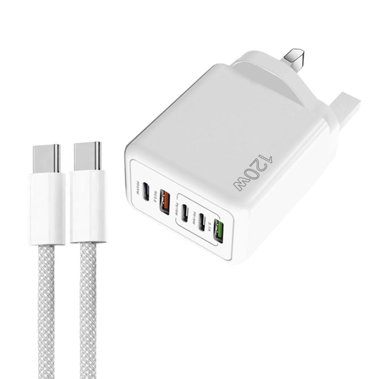 Chargeur rapide multi-port 120W PD3.0 3 Type-C 2 USB avec câble Type-C vers Type-C, prise UK, prise UK + câble C vers C