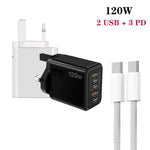 Chargeur rapide multi-port 120W PD3.0 3 Type-C 2 USB avec câble Type-C vers Type-C, prise UK, prise UK + câble C vers C