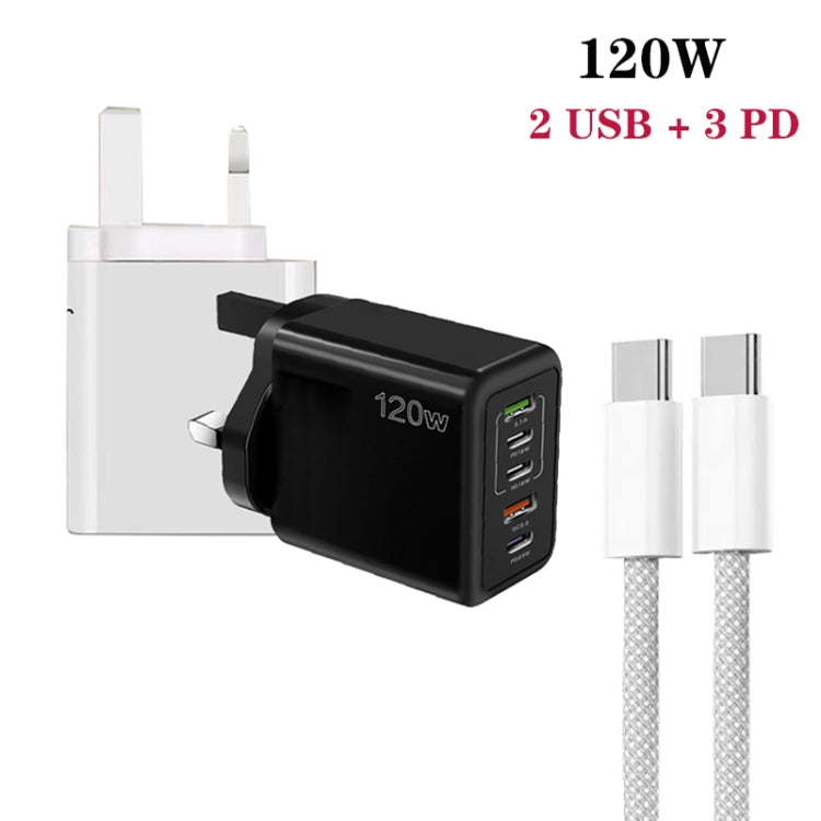 Chargeur rapide multi-port 120W PD3.0 3 Type-C 2 USB avec câble Type-C vers Type-C, prise UK, prise UK + câble C vers C