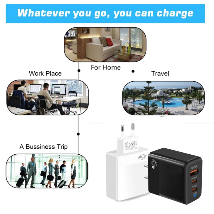 Chargeur compatible protocoles PD3.0 / PPS Type-C + QC3.0 USB 45W, prise EU, PD3.0 / PPS Type-C + QC3.0 USB (prise EU)