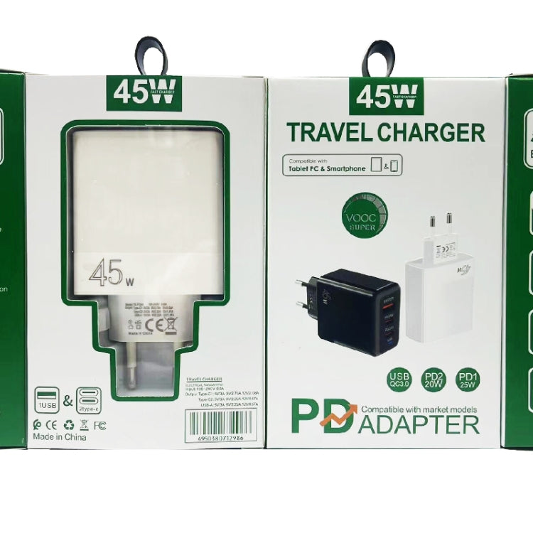 Chargeur compatible protocoles PD3.0 / PPS Type-C + QC3.0 USB 45W, prise EU, PD3.0 / PPS Type-C + QC3.0 USB (prise EU)