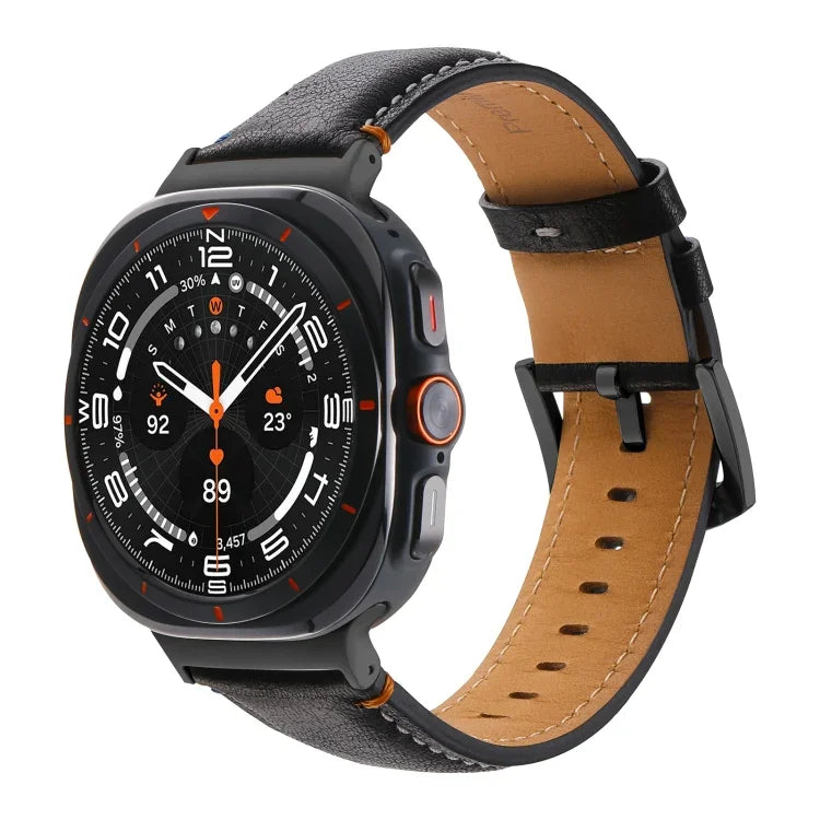Bracelet de montre en cuir véritable noir à boucle cousue pour Samsung Galaxy Watch Ultra 47 mm