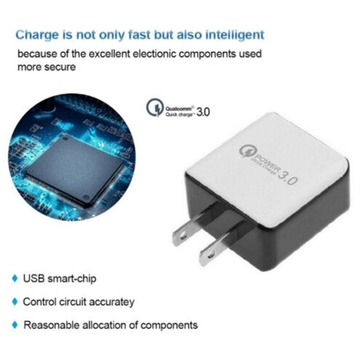 Chargeur rapide à câble rétractable 1USB QC 3.0, prise US, noir, blanc