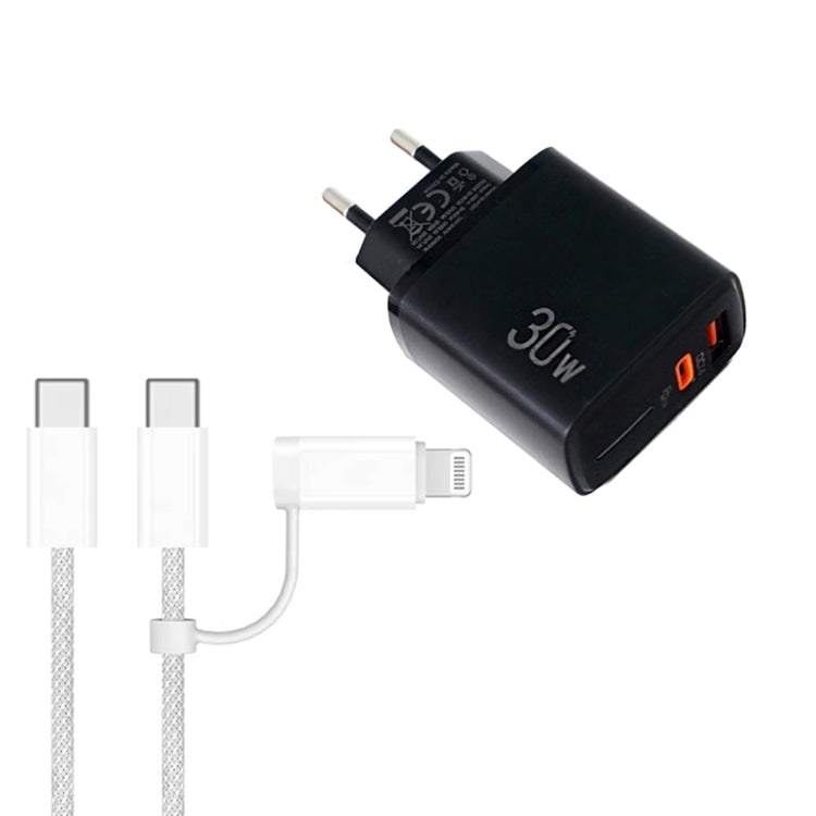Chargeur USB-C / Type-C + USB-A PD31 30W avec câble de données 2-en-1 Type-C+8 broches, prise EU, prise EU + câble de données 2-en-1