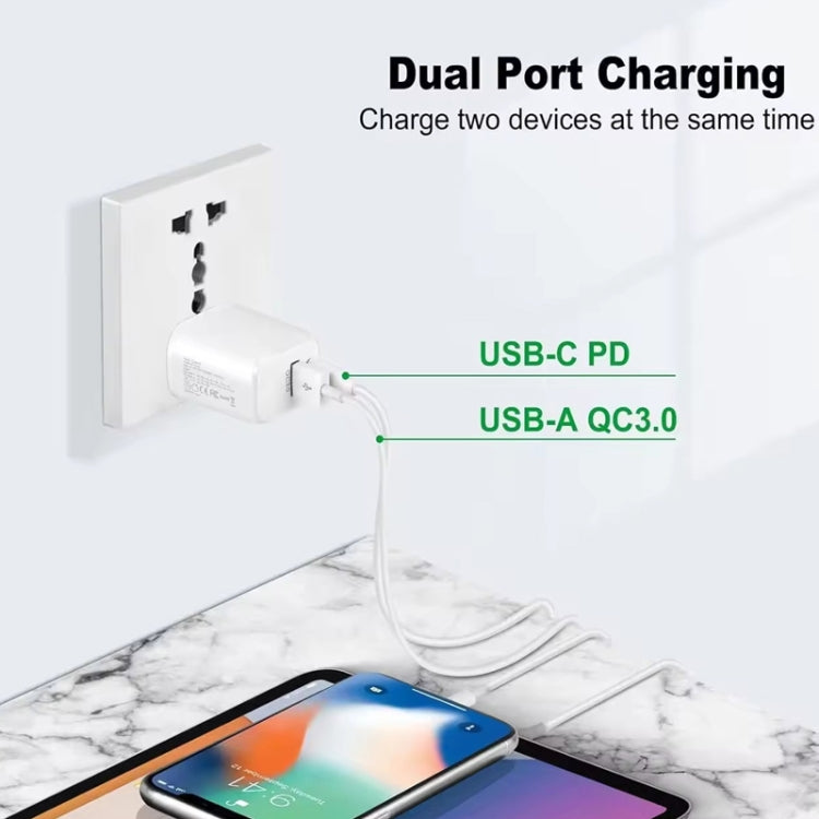 Chargeur USB-C / Type-C + USB-A PD31 30W avec câble de données 2-en-1 Type-C+8 broches, prise EU, prise EU + câble de données 2-en-1