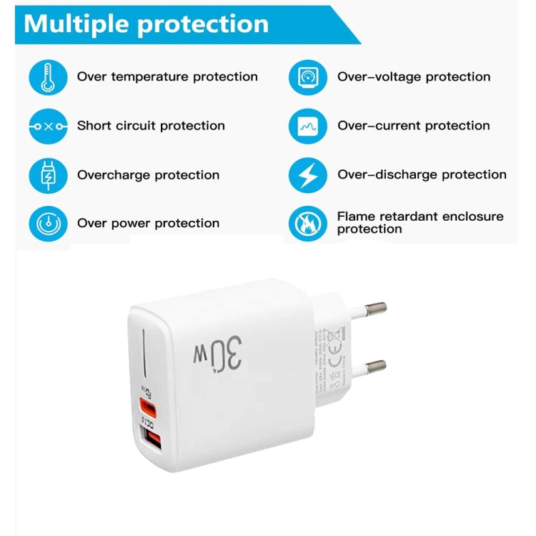 Chargeur USB-C / Type-C + USB-A PD31 30W avec câble de données 2-en-1 Type-C+8 broches, prise EU, prise EU + câble de données 2-en-1