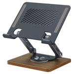 J27 Support de refroidissement métallique pliable et rotatif pour tablettes et ordinateurs portables avec base en bois, J27