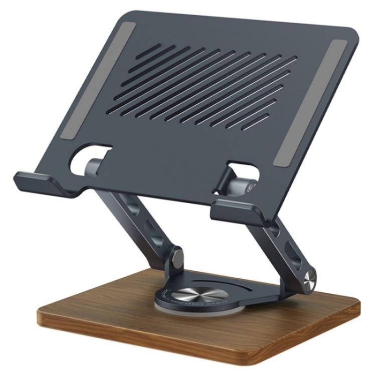 J27 Support de refroidissement métallique pliable et rotatif pour tablettes et ordinateurs portables avec base en bois, J27