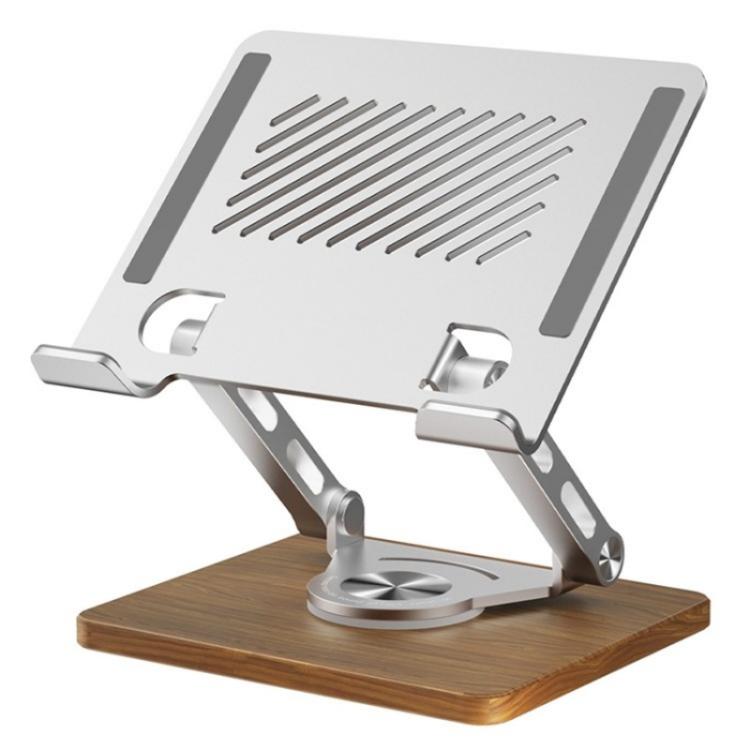J27 Support de refroidissement métallique pliable et rotatif pour tablettes et ordinateurs portables avec base en bois, J27