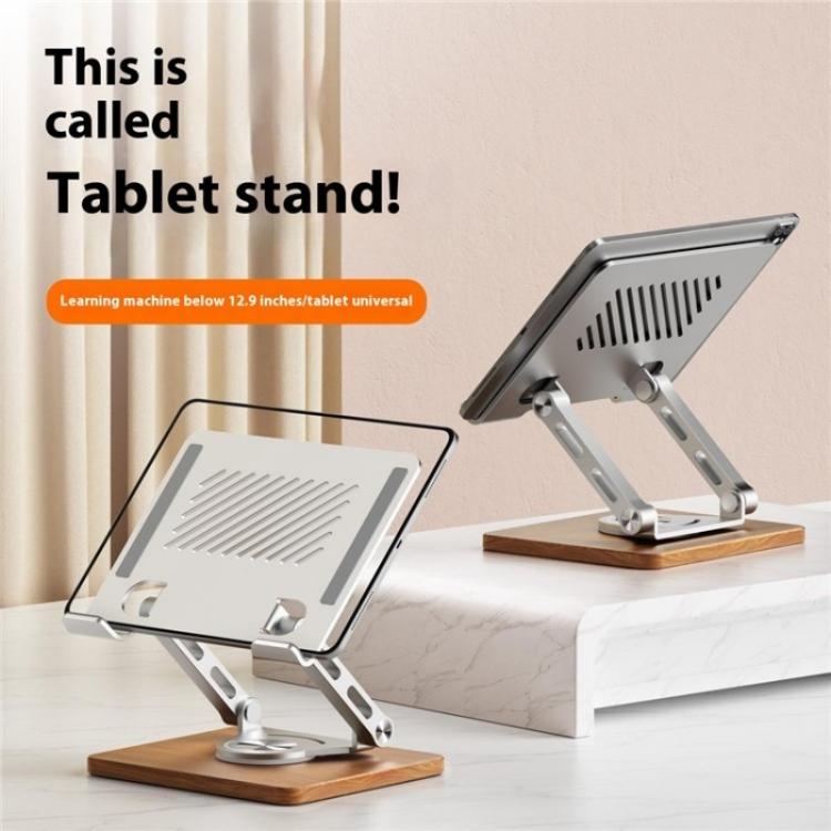 J27 Support de refroidissement métallique pliable et rotatif pour tablettes et ordinateurs portables avec base en bois, J27