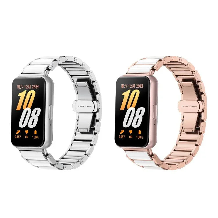 Butterfly Buckle Ceramic White Metal Watch Band, For Samsung Galaxy Fit 3