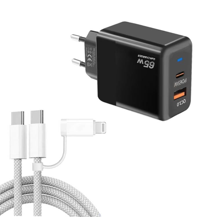 Chargeur PD41 GaN PD 45W + USB avec câble de données USB-C vers USB-C / 8 broches pour iPhone, prise EU, prise EU