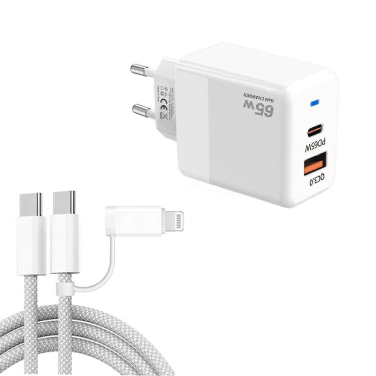 Chargeur PD41 GaN PD 45W + USB avec câble de données USB-C vers USB-C / 8 broches pour iPhone, prise EU, prise EU