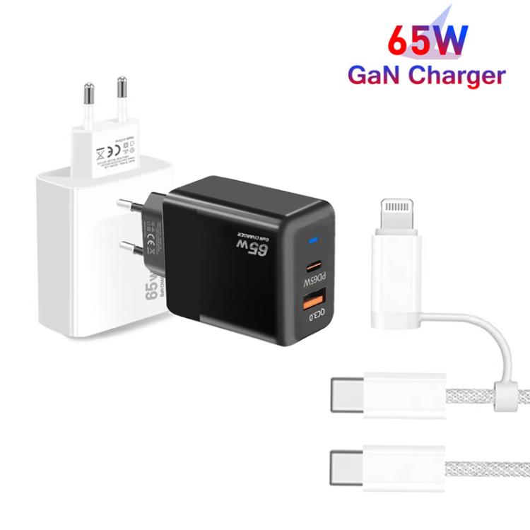 Chargeur PD41 GaN PD 45W + USB avec câble de données USB-C vers USB-C / 8 broches pour iPhone, prise EU, prise EU