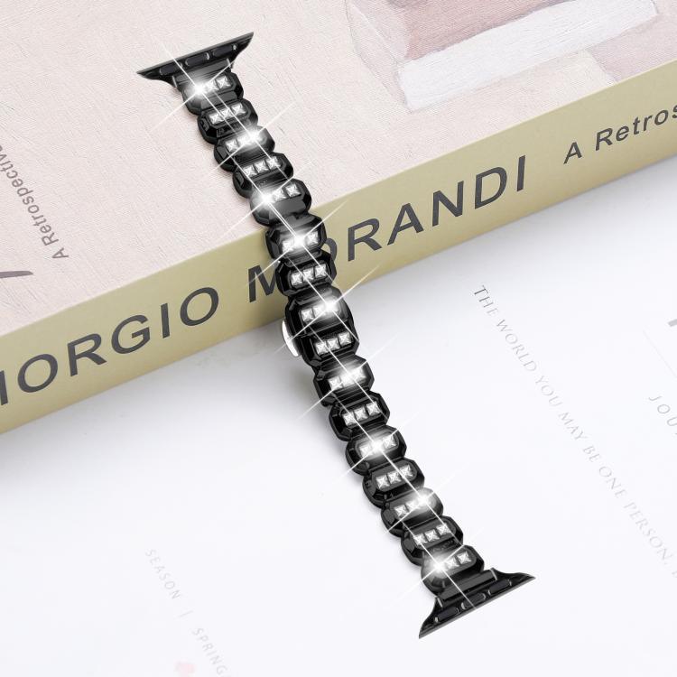 Bracelet de montre à boucle papillon orné de petits diamants carrés, compatible avec Apple Watch 46 mm / 49 mm / 45 mm / 44 mm et Apple Watch 42 mm / 41 mm / 40 mm / 38 mm.
