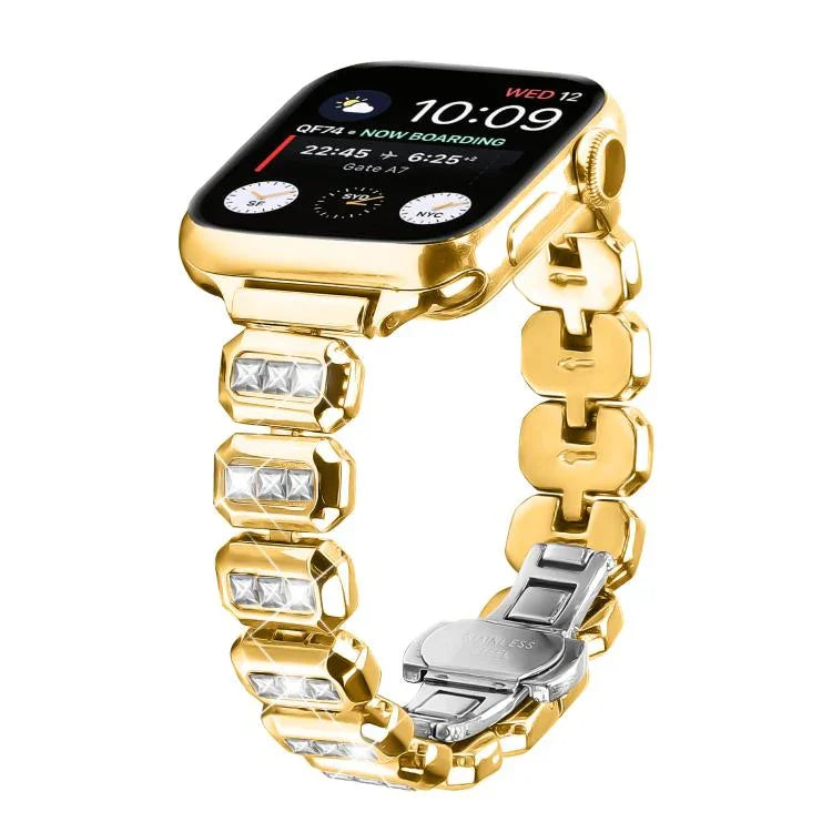 Bracelet de montre à boucle papillon orné de petits diamants carrés, compatible avec Apple Watch 46 mm / 49 mm / 45 mm / 44 mm et Apple Watch 42 mm / 41 mm / 40 mm / 38 mm.