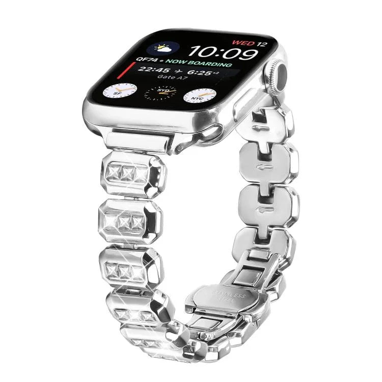 Bracelet de montre à boucle papillon orné de petits diamants carrés, compatible avec Apple Watch 46 mm / 49 mm / 45 mm / 44 mm et Apple Watch 42 mm / 41 mm / 40 mm / 38 mm.