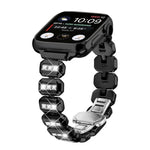 Bracelet de montre à boucle papillon orné de petits diamants carrés, compatible avec Apple Watch 46 mm / 49 mm / 45 mm / 44 mm et Apple Watch 42 mm / 41 mm / 40 mm / 38 mm.