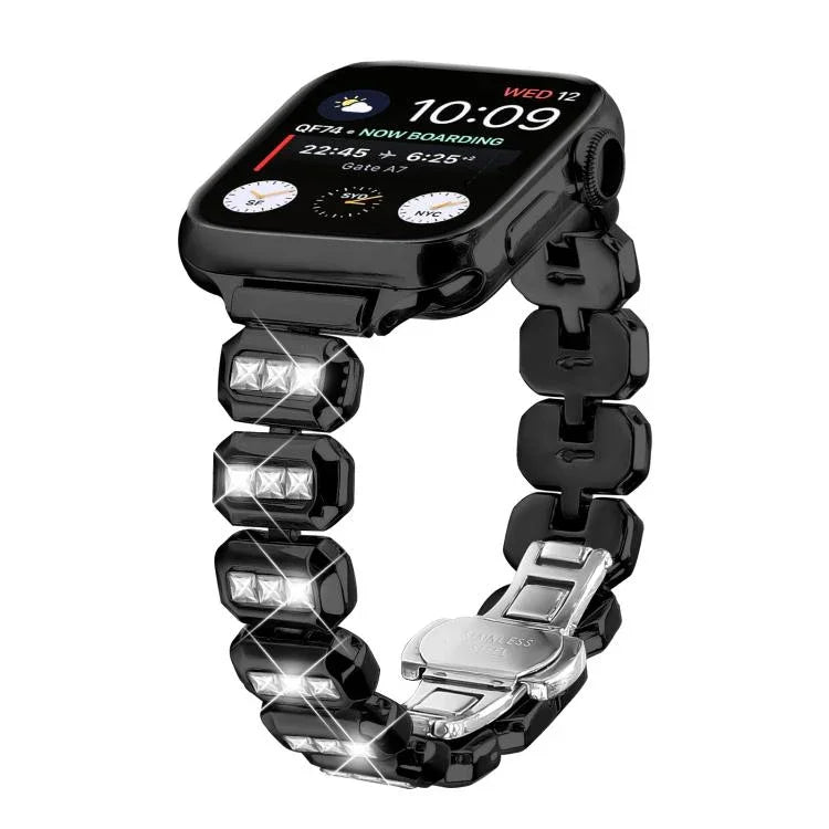 Bracelet de montre à boucle papillon orné de petits diamants carrés, compatible avec Apple Watch 46 mm / 49 mm / 45 mm / 44 mm et Apple Watch 42 mm / 41 mm / 40 mm / 38 mm.
