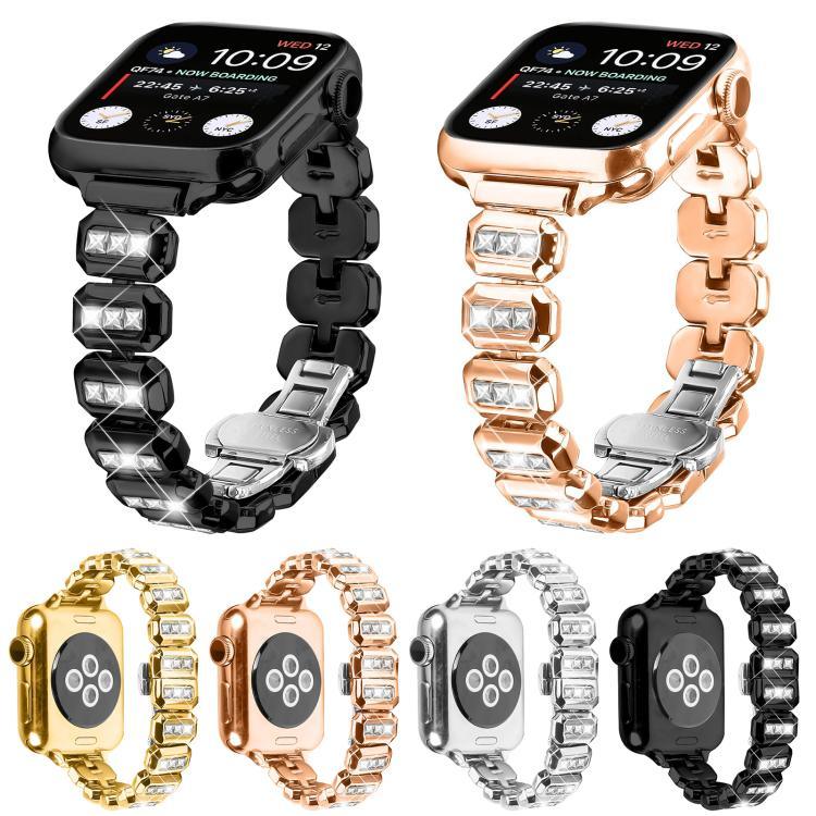 Bracelet de montre à boucle papillon orné de petits diamants carrés, compatible avec Apple Watch 46 mm / 49 mm / 45 mm / 44 mm et Apple Watch 42 mm / 41 mm / 40 mm / 38 mm.