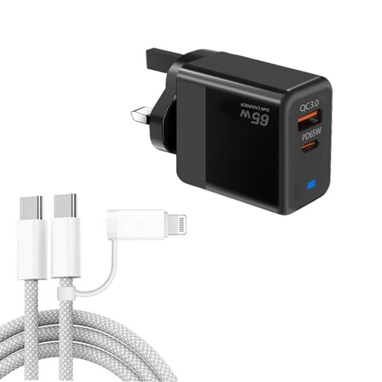 Chargeur PD41 GaN PD 45W + USB avec câble de données USB-C vers USB-C / 8 broches pour iPhone, prise UK, prise UK