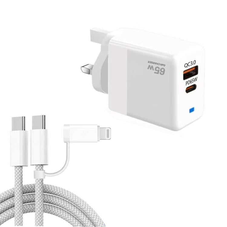 Chargeur PD41 GaN PD 45W + USB avec câble de données USB-C vers USB-C / 8 broches pour iPhone, prise UK, prise UK