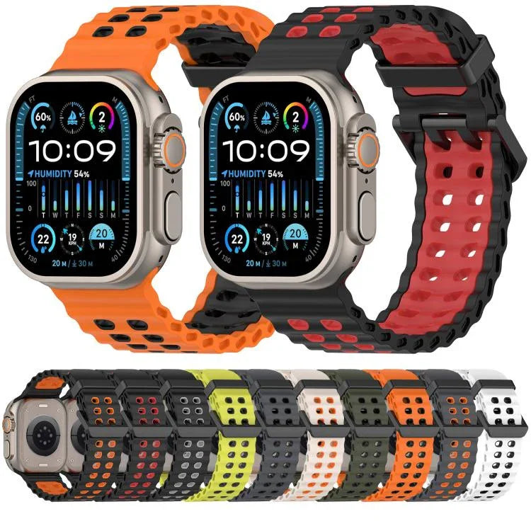 Bracelet de montre en silicone bicolore à double rangée de trous Ocean, pour Apple Watch 46 mm / 49 mm / 45 mm / 44 mm