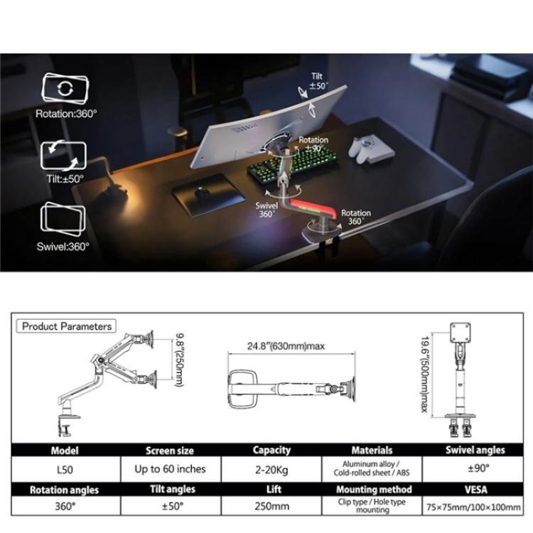Pied de moniteur incurvé ultra-large et plat NORTH BAYOU L50, 32-60 pouces, avec éclairage RVB pour écran de jeu