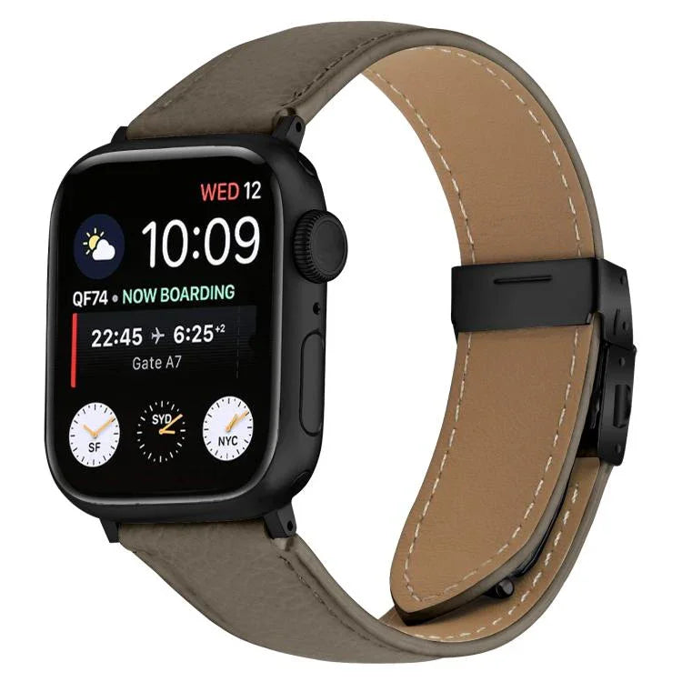 Bracelet de montre en cuir noir texturé litchi avec boucle à ressort, compatible avec Apple Watch 46 mm / 49 mm / 45 mm / 44 mm et Apple Watch 42 mm / 41 mm / 40 mm / 38 mm.