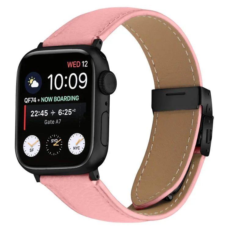 Bracelet de montre en cuir noir texturé litchi avec boucle à ressort, compatible avec Apple Watch 46 mm / 49 mm / 45 mm / 44 mm et Apple Watch 42 mm / 41 mm / 40 mm / 38 mm.