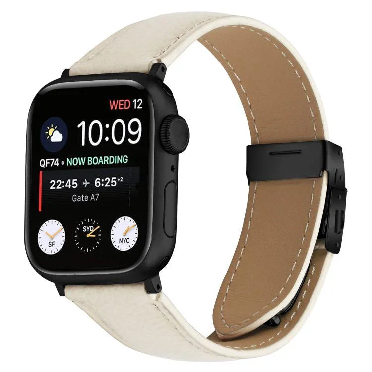 Bracelet de montre en cuir noir texturé litchi avec boucle à ressort, compatible avec Apple Watch 46 mm / 49 mm / 45 mm / 44 mm et Apple Watch 42 mm / 41 mm / 40 mm / 38 mm.