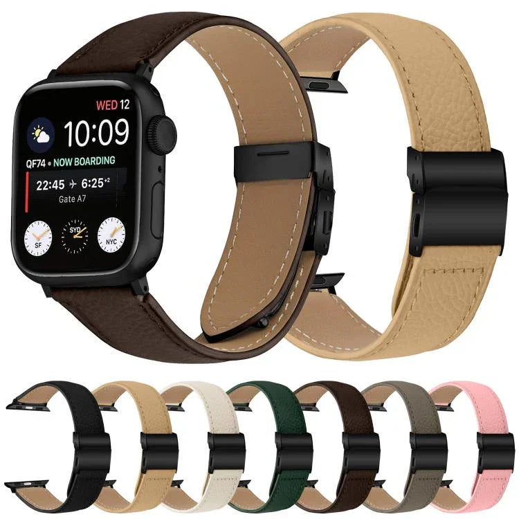 Bracelet de montre en cuir noir texturé litchi avec boucle à ressort, compatible avec Apple Watch 46 mm / 49 mm / 45 mm / 44 mm et Apple Watch 42 mm / 41 mm / 40 mm / 38 mm.