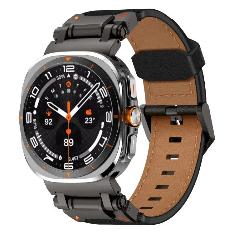 Bracelet en cuir pour montre Samsung Galaxy Watch Ultra 47mm / Ultra 2025, avec tête en acier inoxydable Explorer