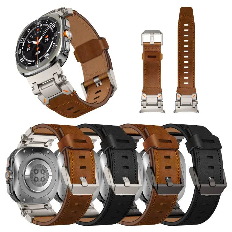 Bracelet en cuir pour montre Samsung Galaxy Watch Ultra 47mm / Ultra 2025, avec tête en acier inoxydable Explorer