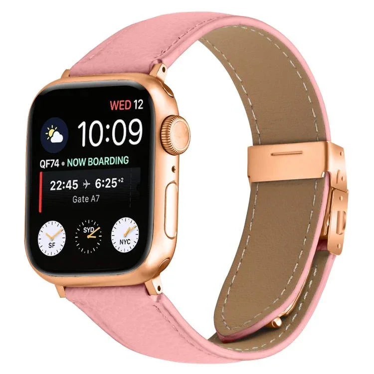 Bracelet de montre en cuir à boucle tortue en or rose texturé litchi, compatible avec Apple Watch 46 mm / 49 mm / 45 mm / 44 mm et Apple Watch 42 mm / 41 mm / 40 mm / 38 mm.